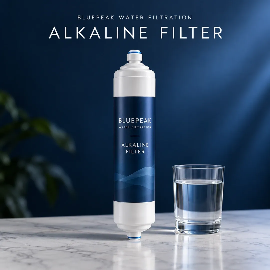 BluePeak alkaline remineralizer cartridge for a reverse osmosis system, beside a glass of water