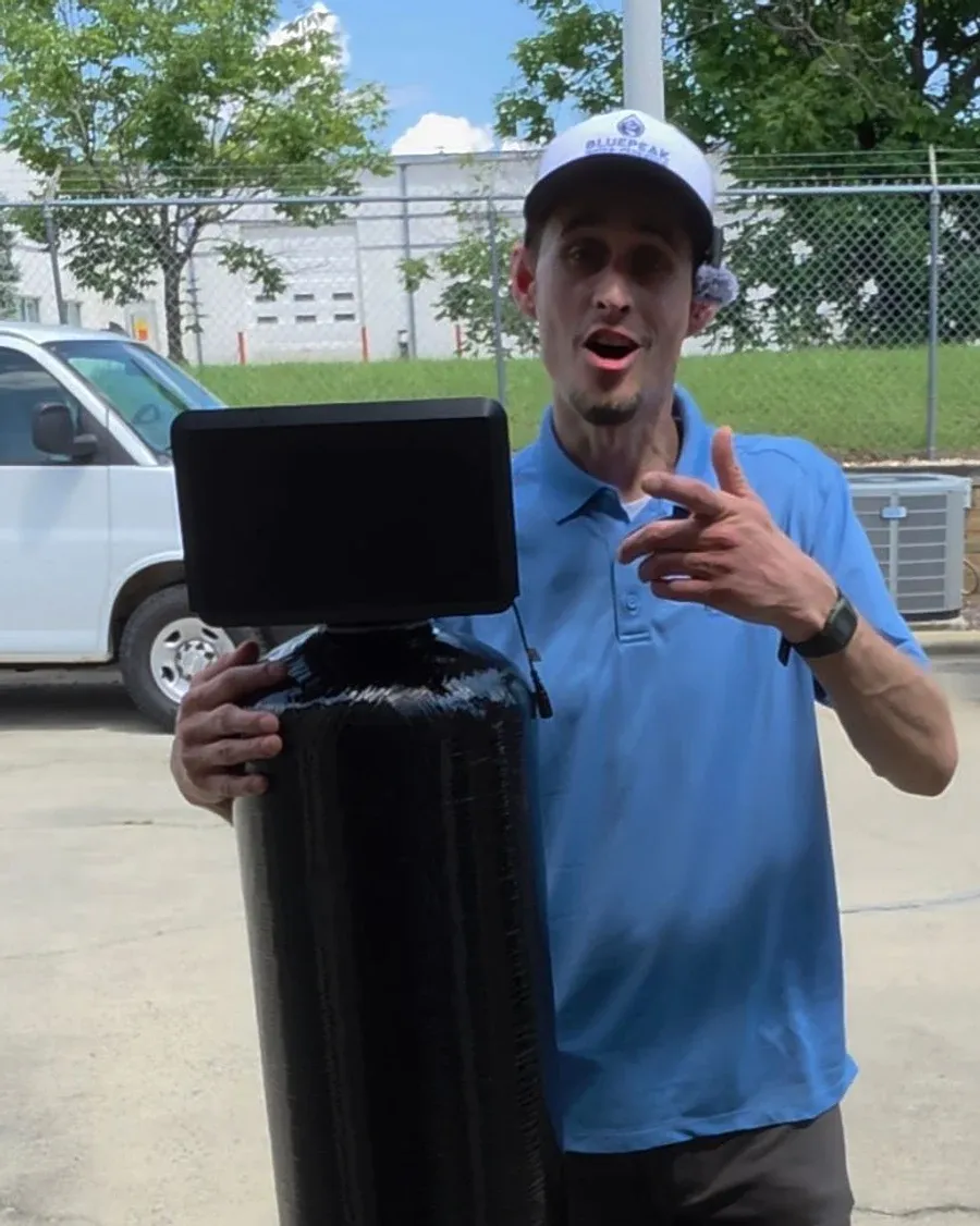 Branden, the owner of BluePeak Water Filtration, holding a Single Tank water softener outside.