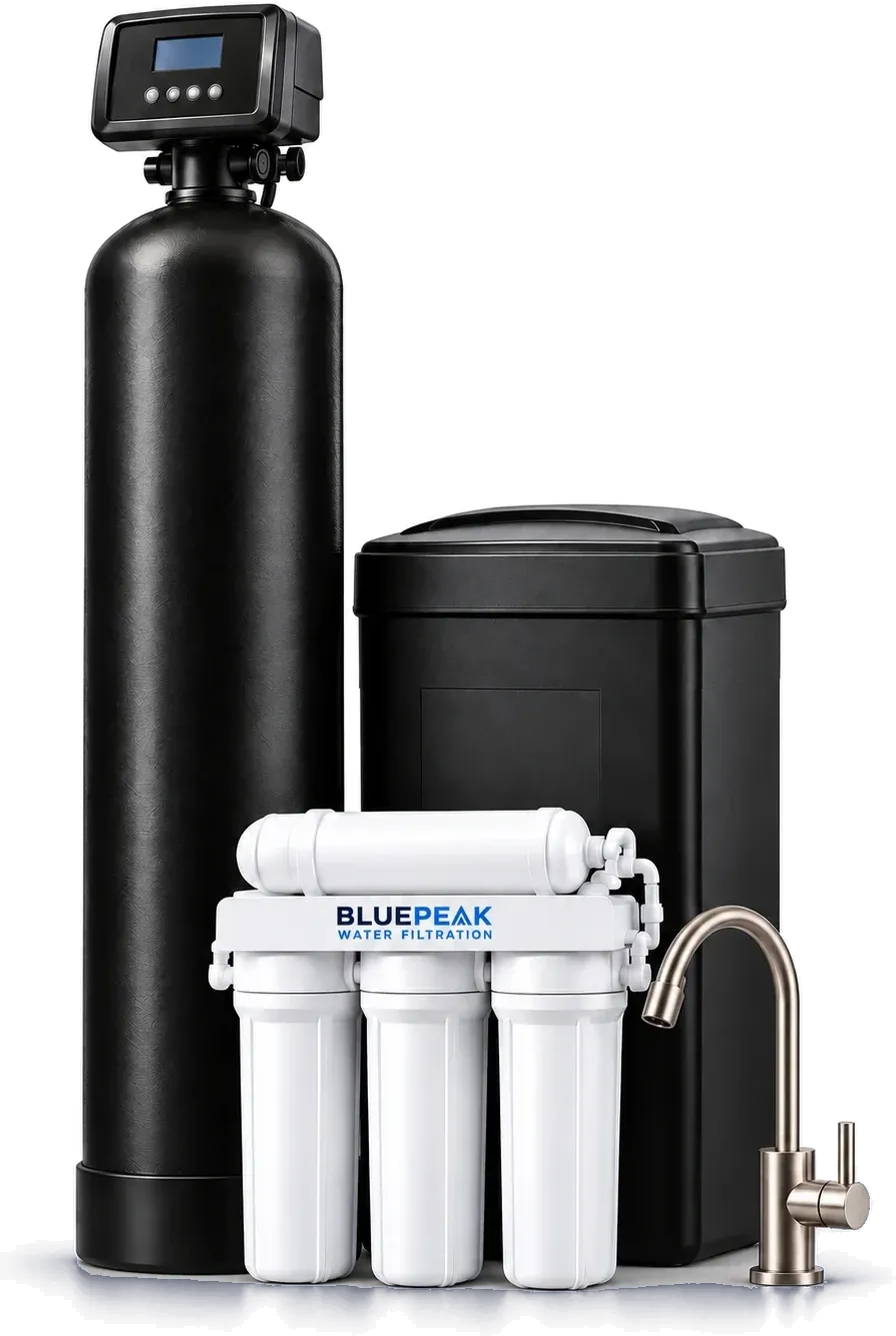 BluePeak Single Tank whole-home water filtration system with its brine tank, the drinking water system and its faucet