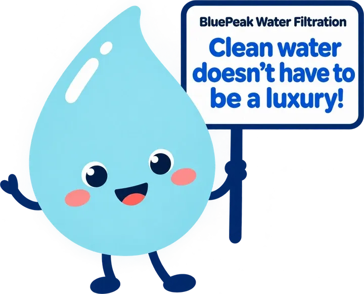 BluePeak mascot holding a sign: Clean water doesn’t have to be a luxury