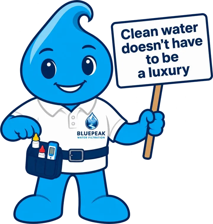 Mascota de BluePeak con un letrero que dice, en inglés: el agua limpia no tiene por qué ser un lujo