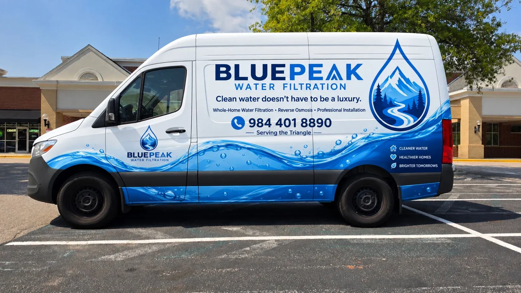 The BluePeak Water Filtration van wrap: logo, phone number and tagline.
