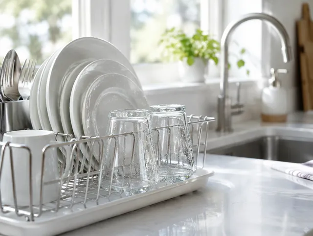 Clear glasses, plates and cutlery drying in a dish rack beside a kitchen sink.
