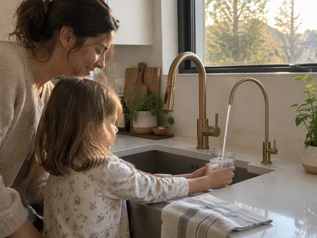 An adult and a child filling a glass from a brushed-gold faucet at a kitchen sink.