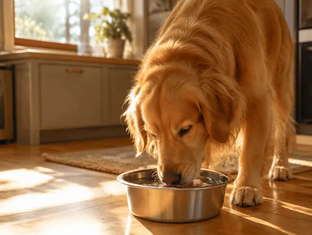 A golden retriever drinking from a steel water bowl on a sunlit kitchen floor.